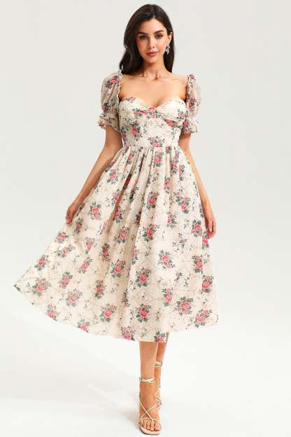 Floral Puff Sleeve Corset Backless Lace Up Slit Midi Dress Pink