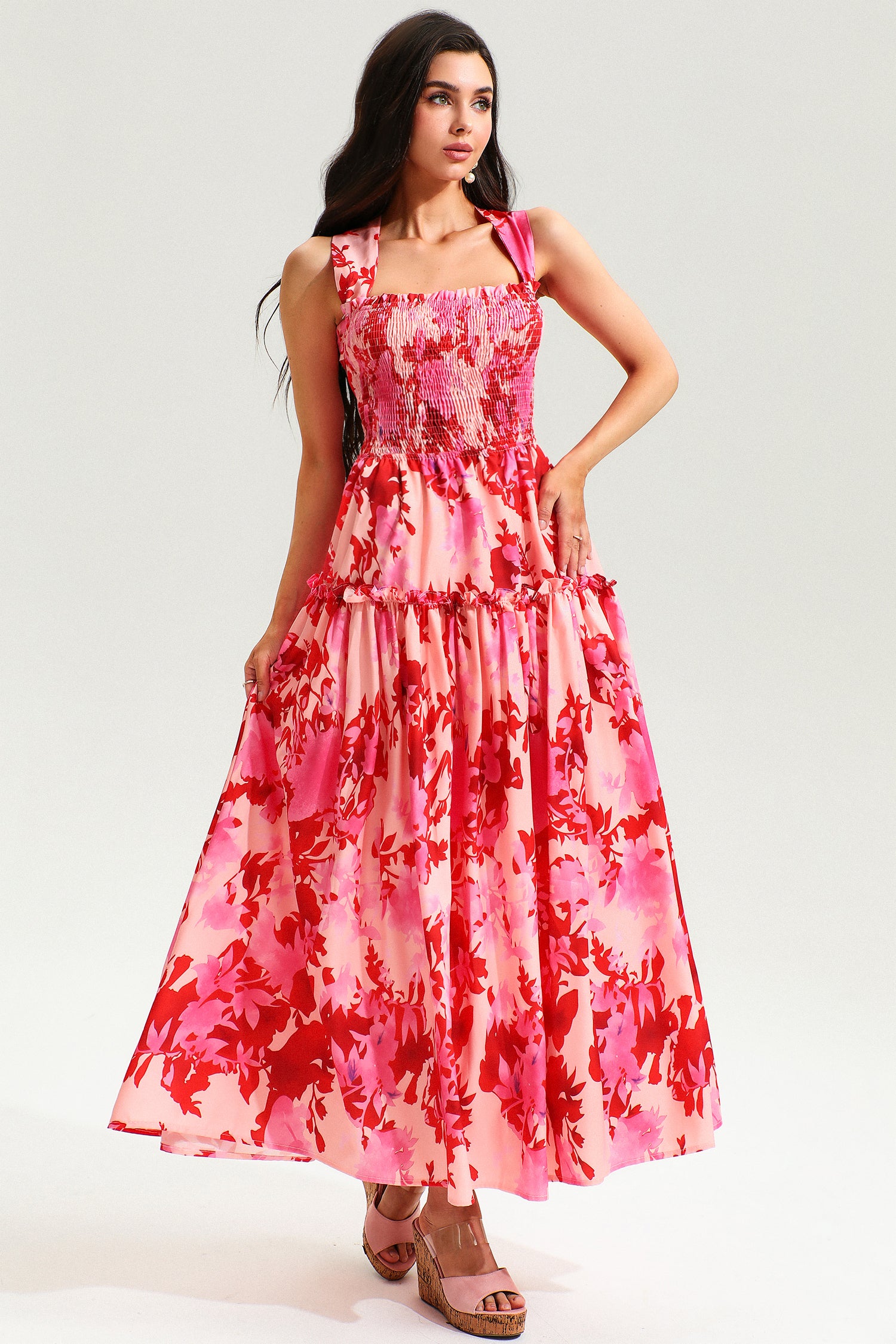 Leave Print Smocked Elastic Cami Midi Dress