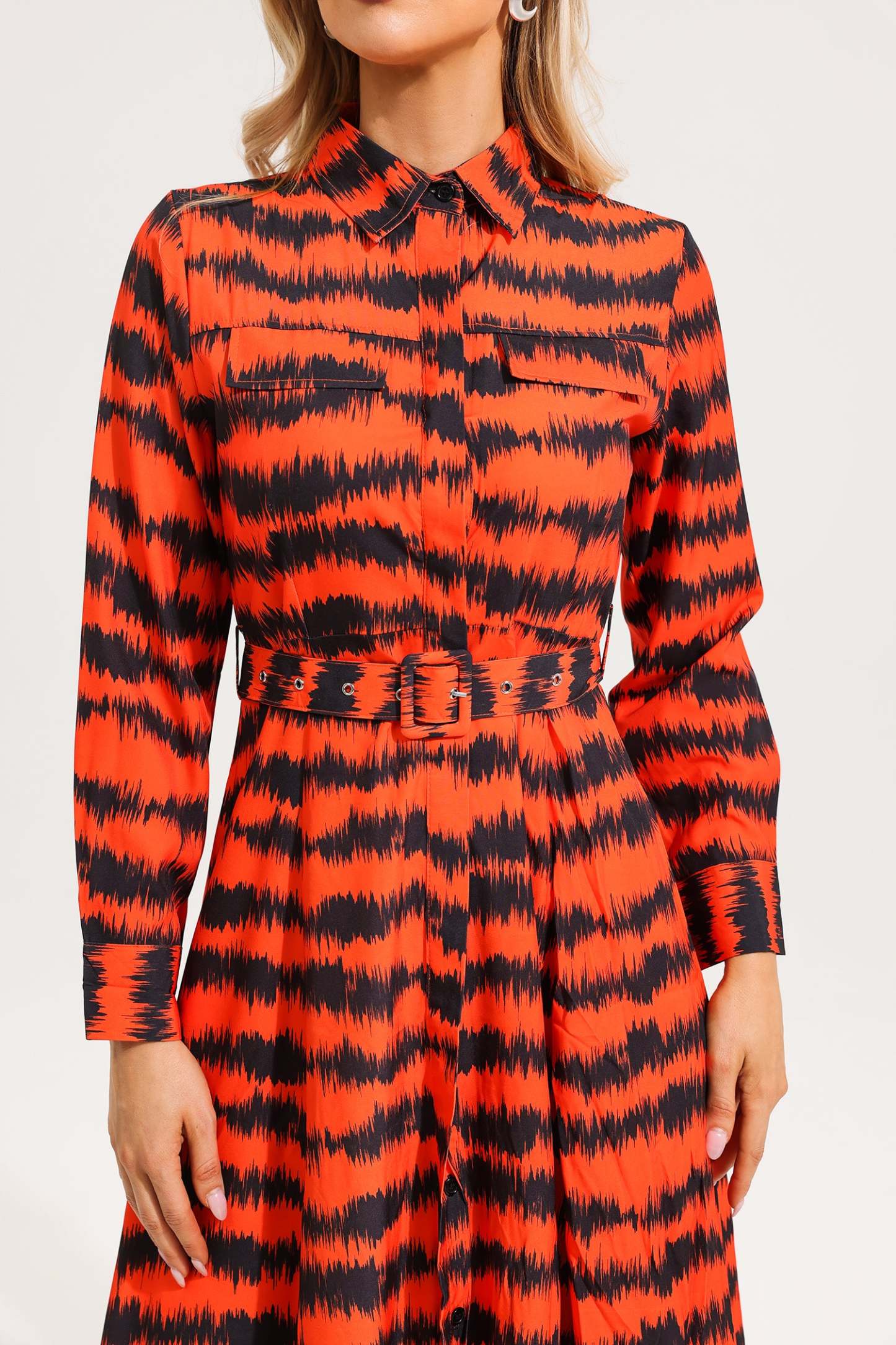 Zebra Print Chest Pocket Midi Dress With Belt
