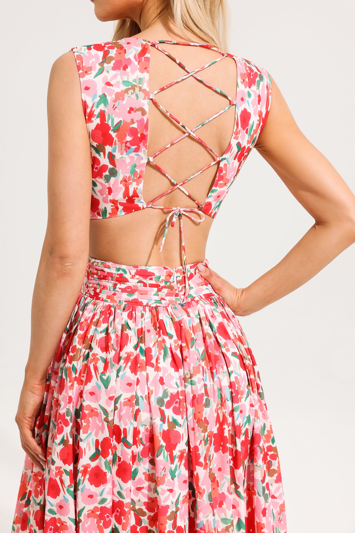 V-Neck Sleeveless Floral Frill Maxi Dress