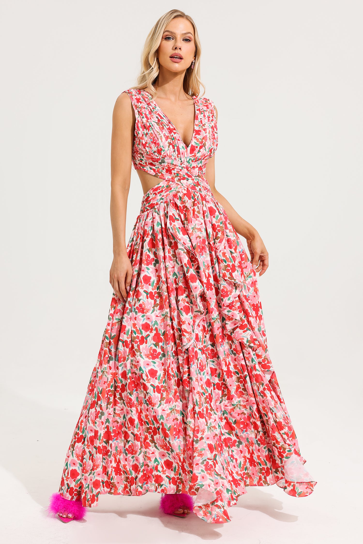 V-Neck Sleeveless Floral Frill Maxi Dress