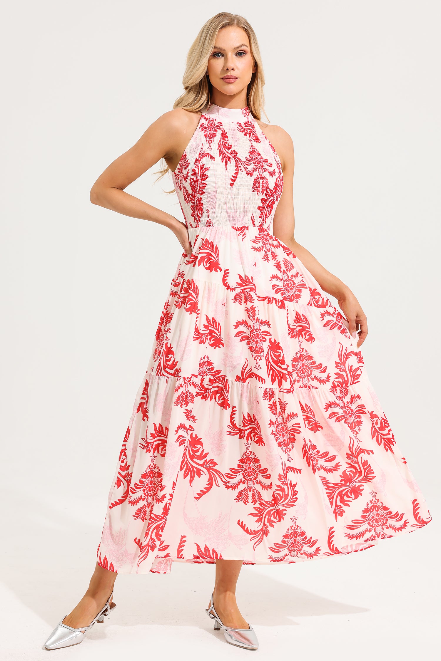 Floral Stand Collar Sleeveless Maxi Dress