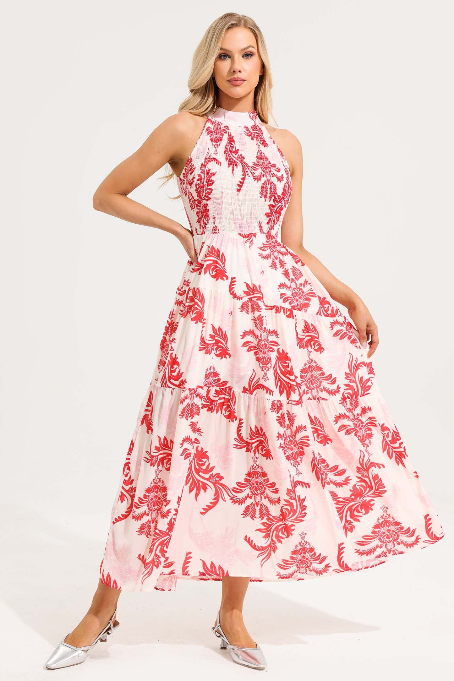 Floral Stand Collar Sleeveless Maxi Dress