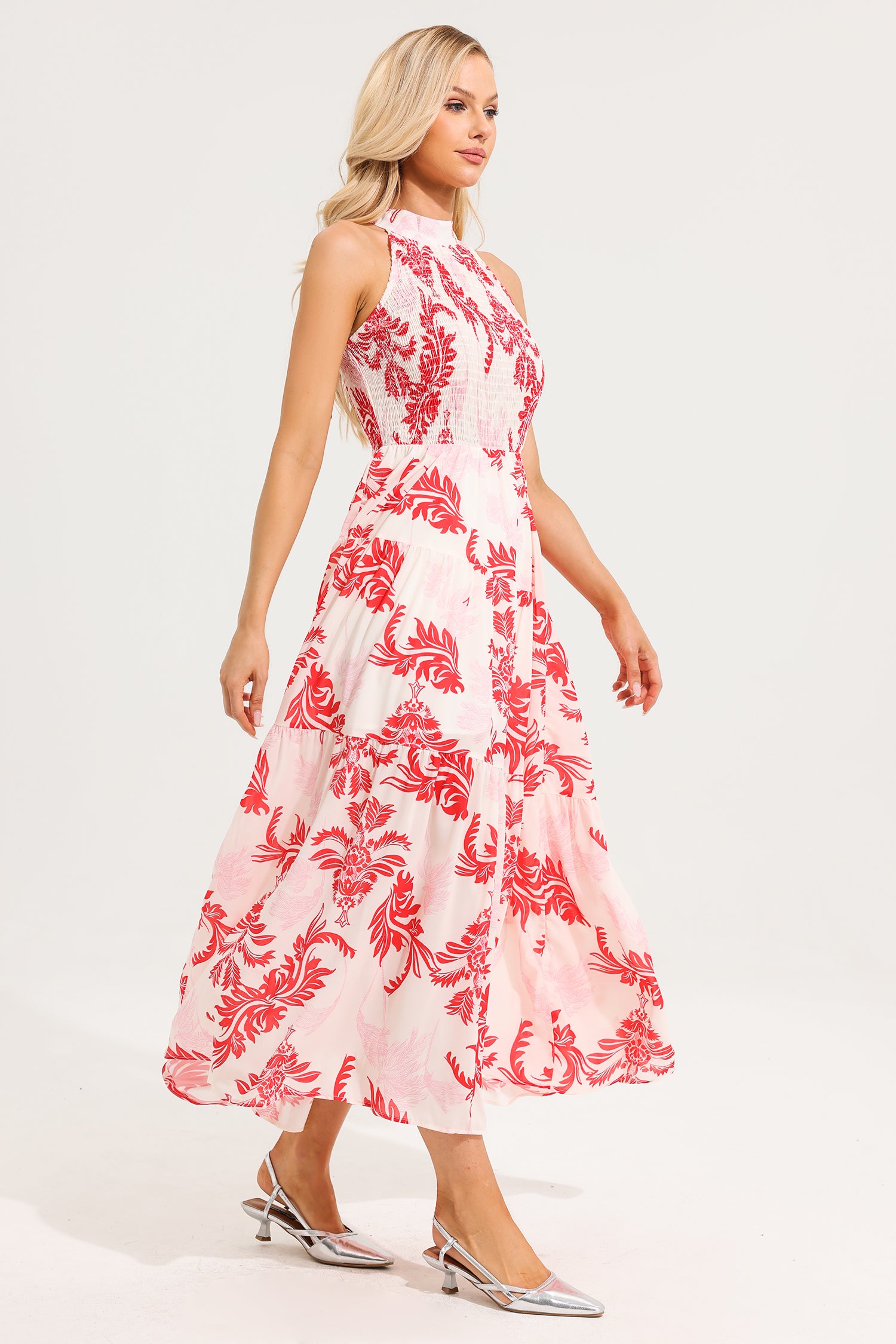Floral Stand Collar Sleeveless Maxi Dress