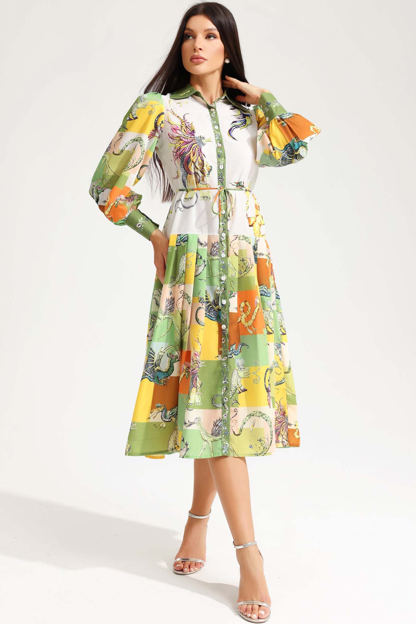 Printed Long Sleeve Lapel Lace Up Midi Dress