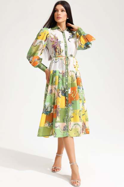 Printed Long Sleeve Lapel Lace Up Midi Dress