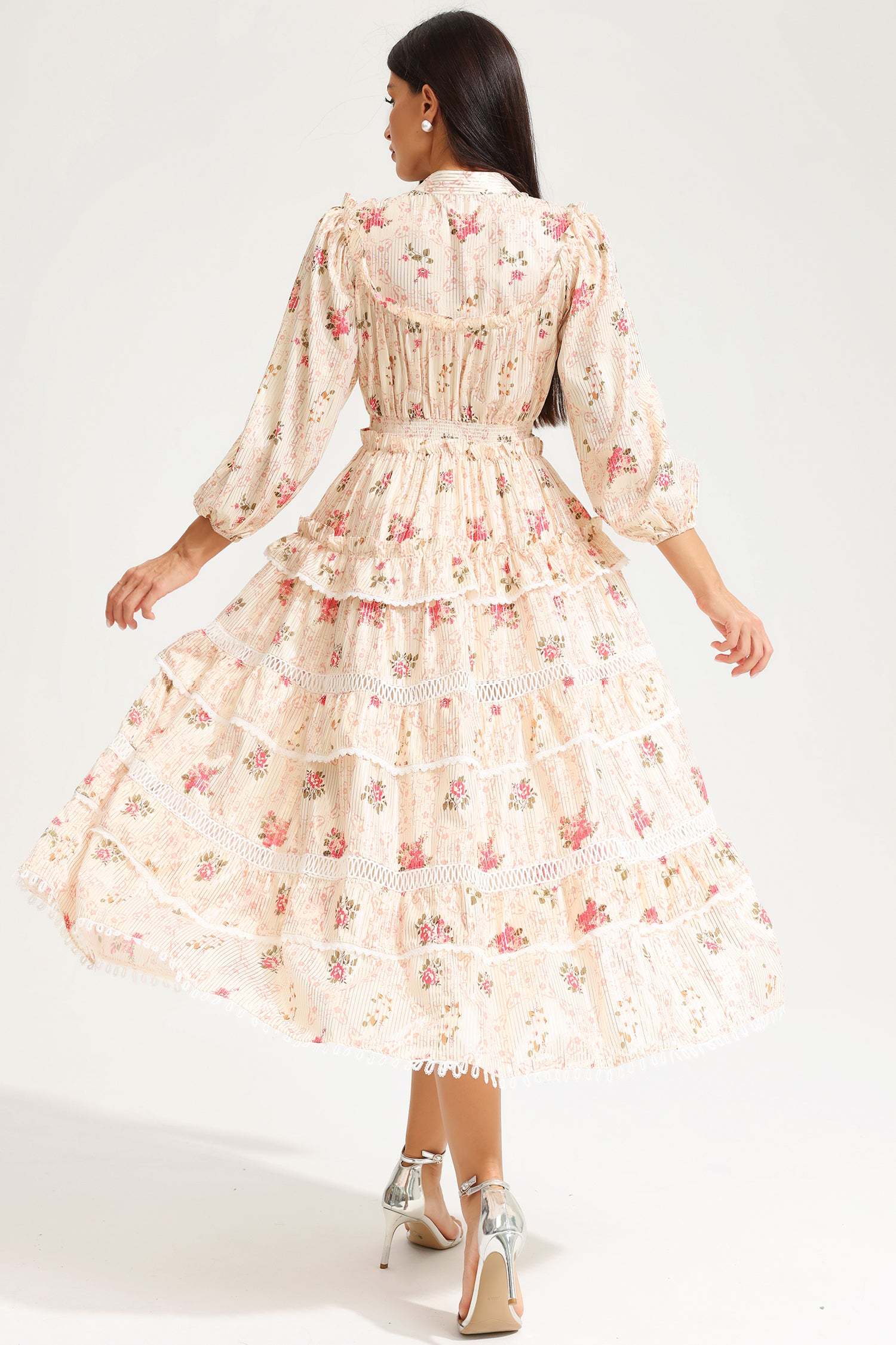 Floral Lantern Sleeve Buckle Midi Dress Yellow