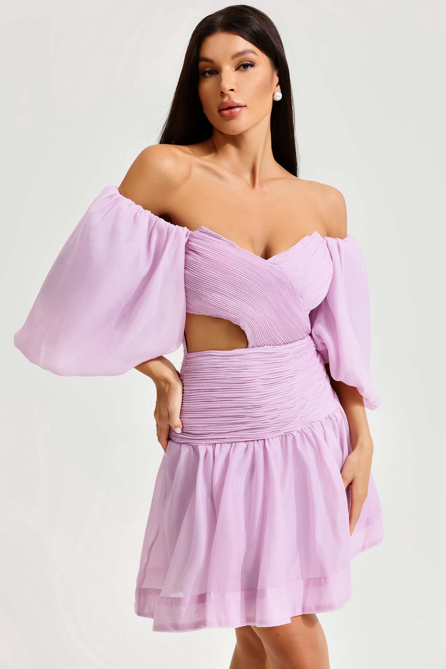 Puff Sleeve Off-Shoulder Mini Dress Pink