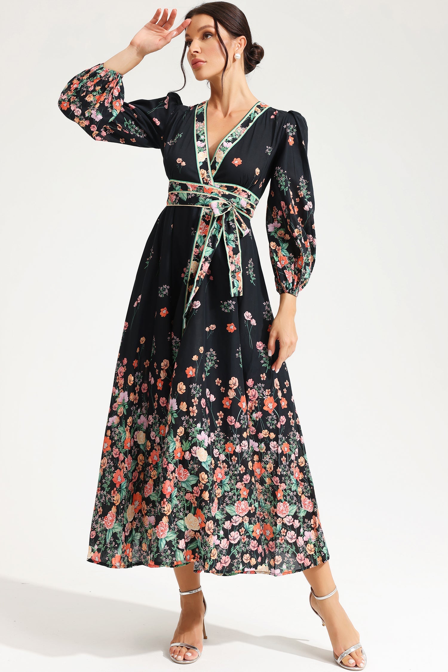 Floral Long Sleeve V-Neck Lace Up Midi Dress Black