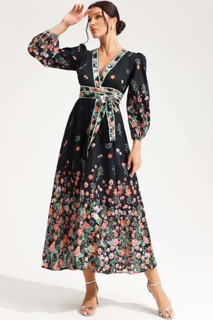 Floral Long Sleeve V-Neck Lace Up Midi Dress Black