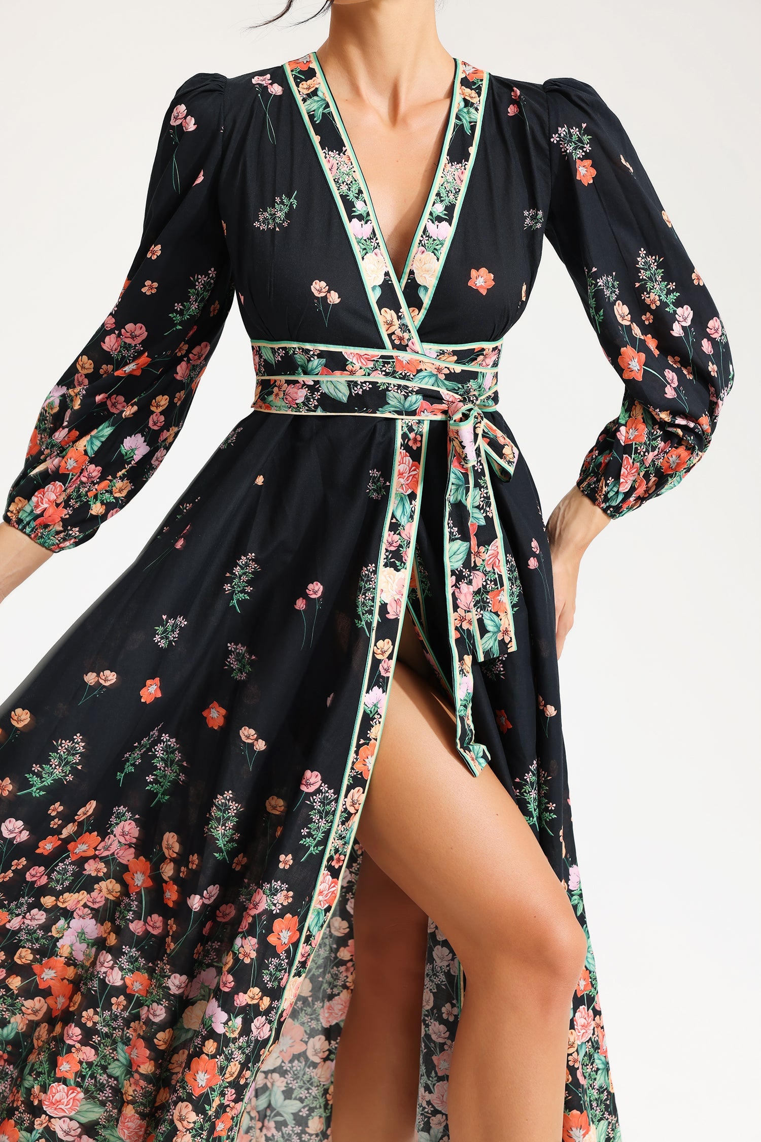 Floral Long Sleeve V-Neck Lace Up Midi Dress Black