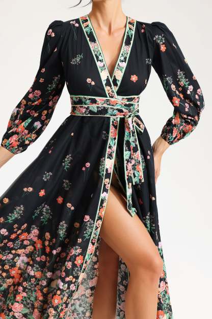 Floral Long Sleeve V-Neck Lace Up Midi Dress Black