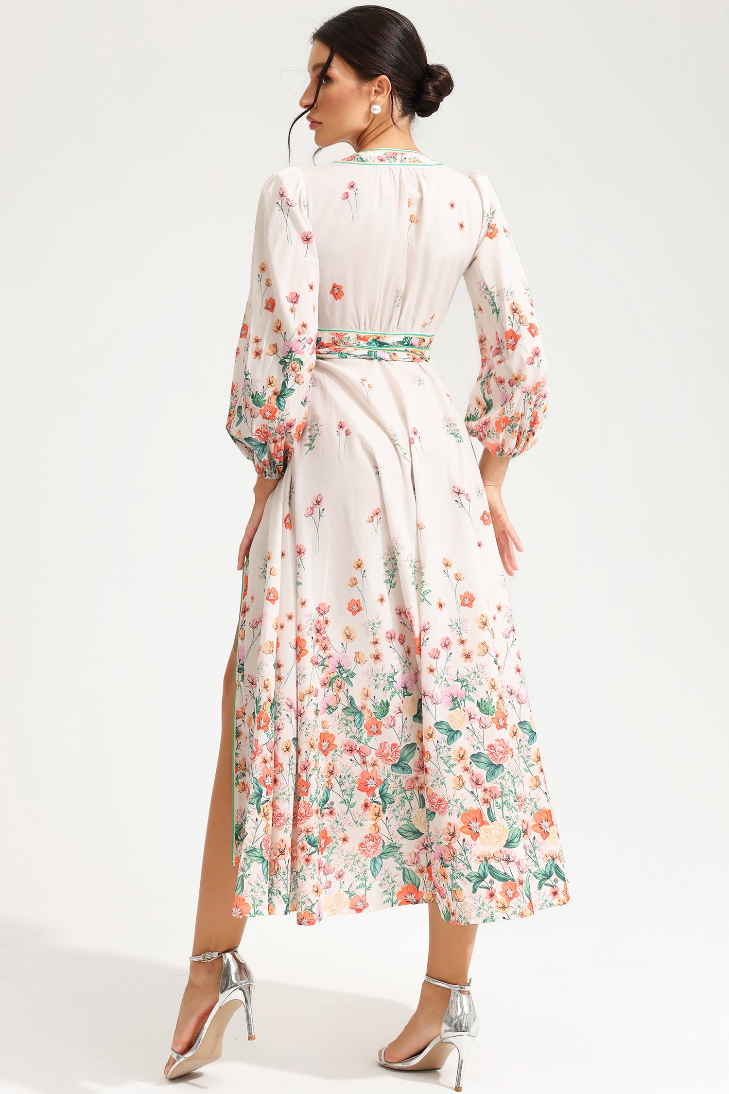 Floral Long Sleeve V-Neck Lace Up Midi Dress White