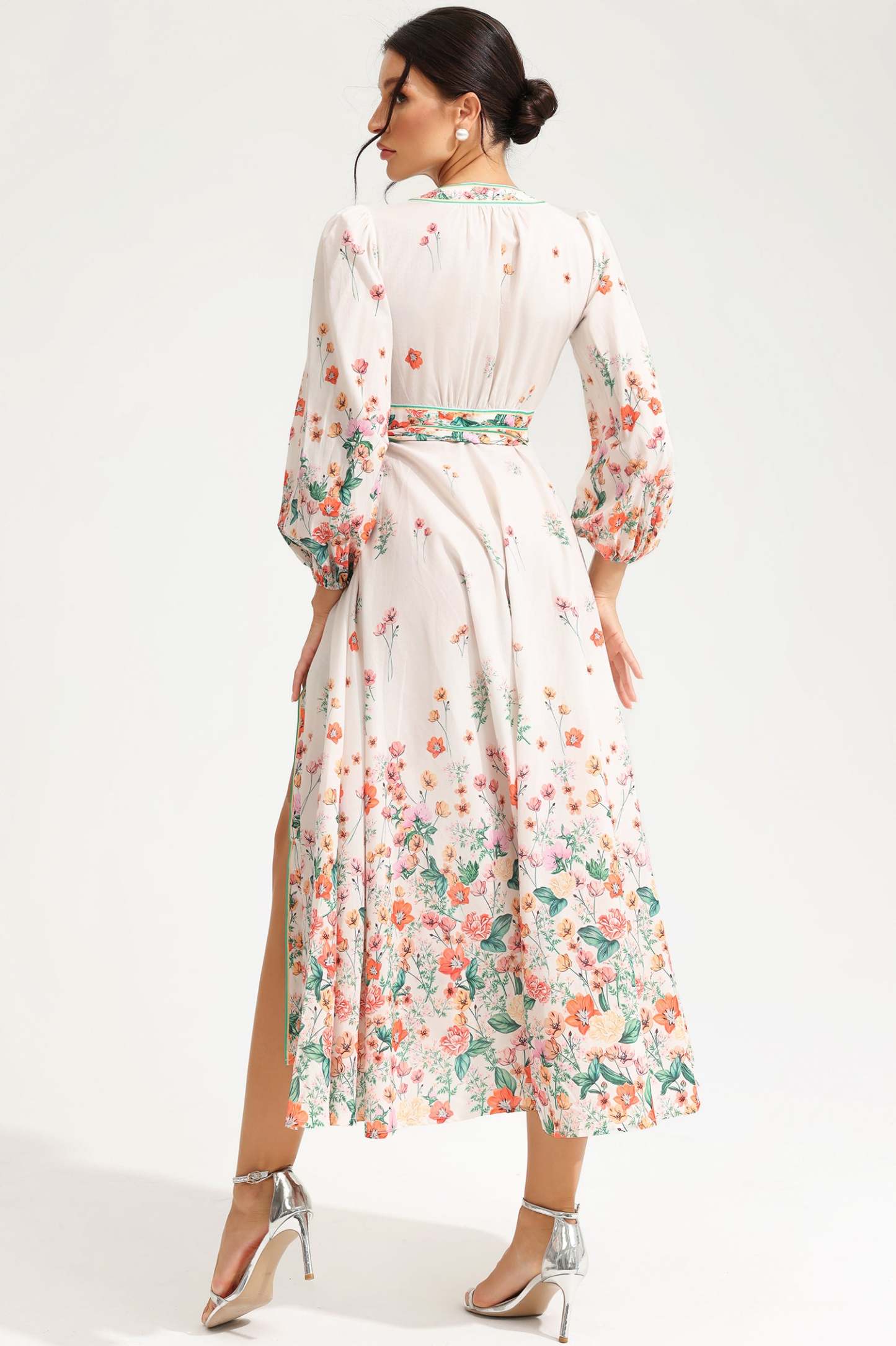 Floral Long Sleeve V-Neck Lace Up Midi Dress White