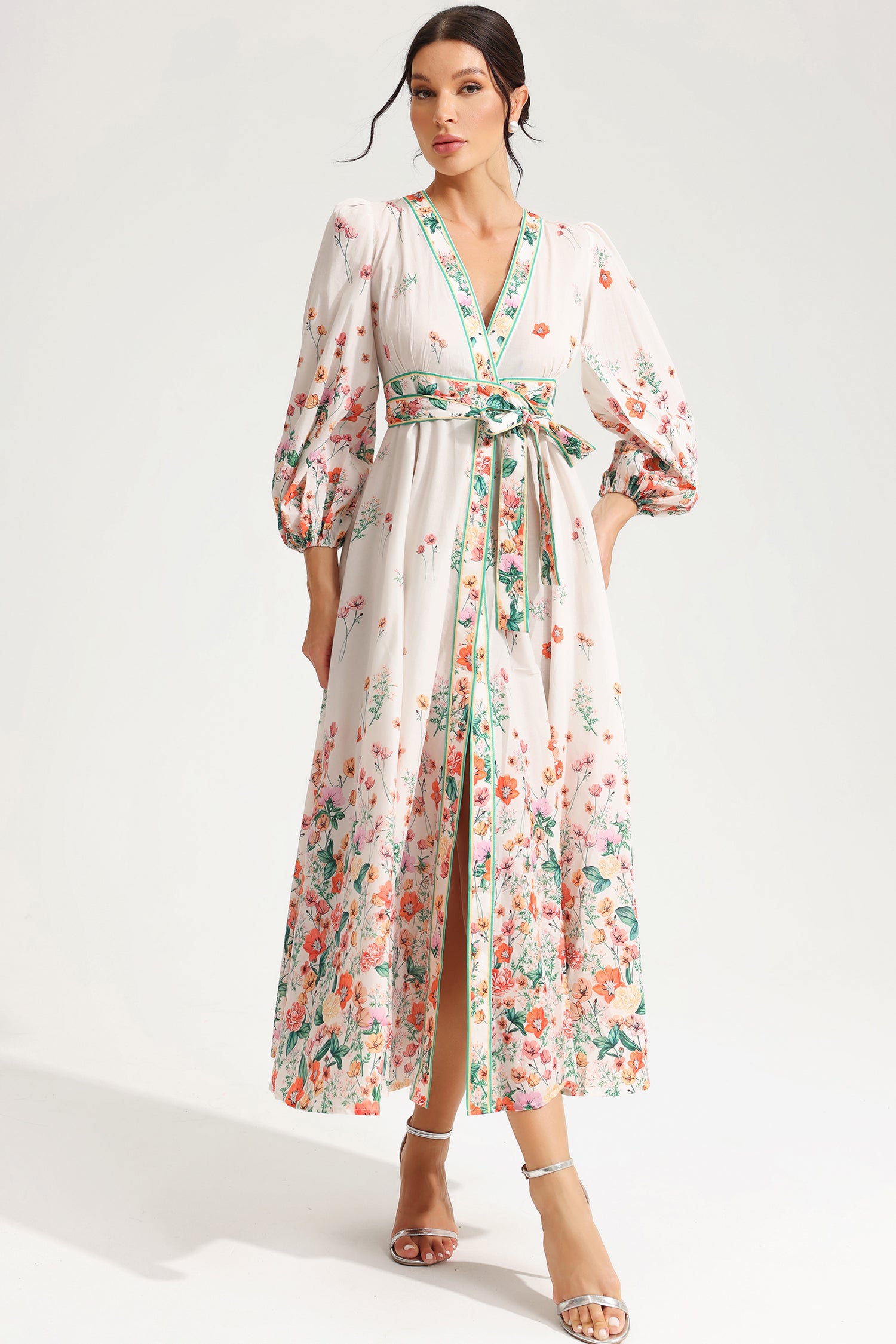 Floral Long Sleeve V-Neck Lace Up Midi Dress White