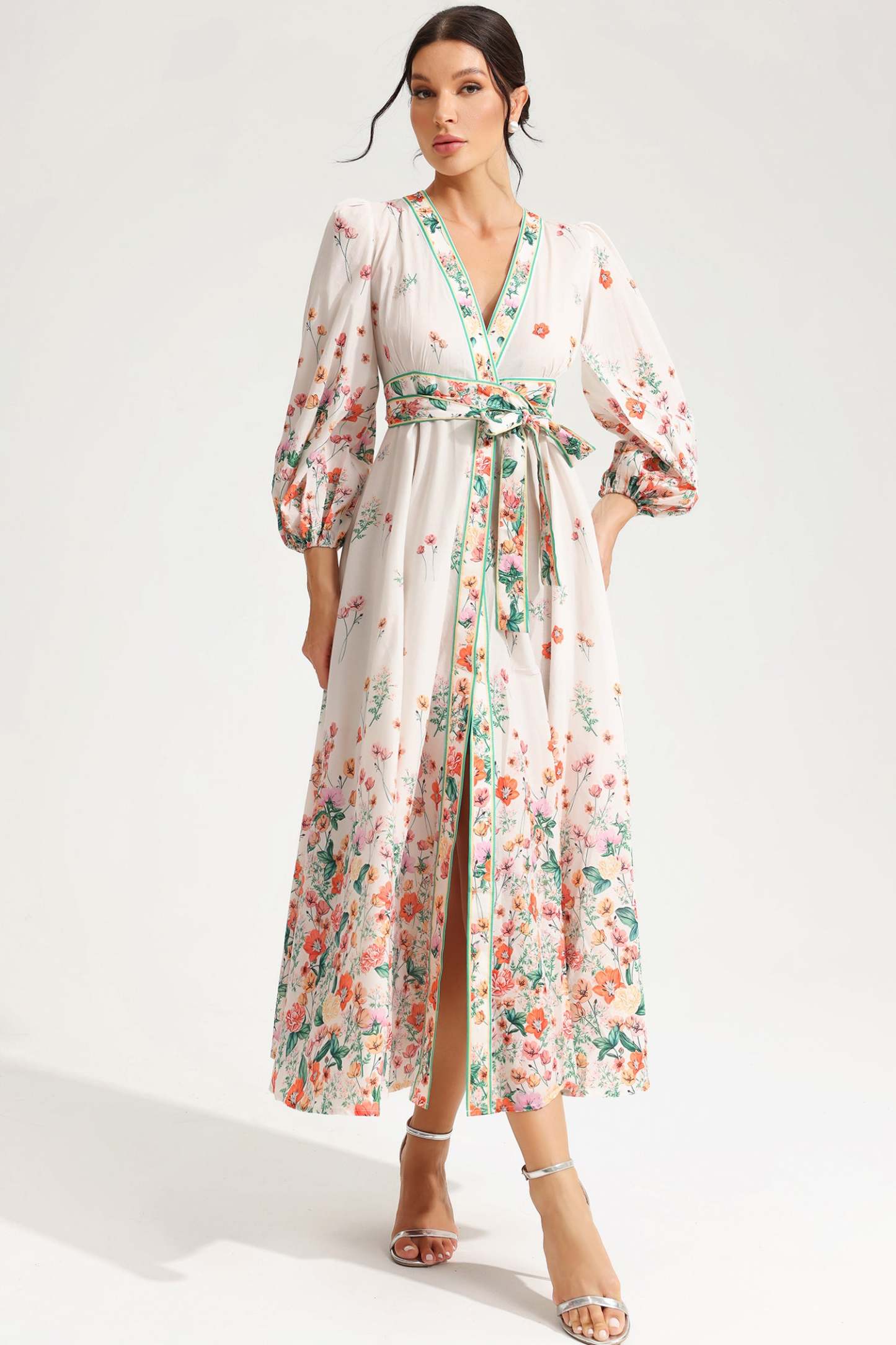 Floral Long Sleeve V-Neck Lace Up Midi Dress White