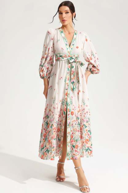 Floral Long Sleeve V-Neck Lace Up Midi Dress White