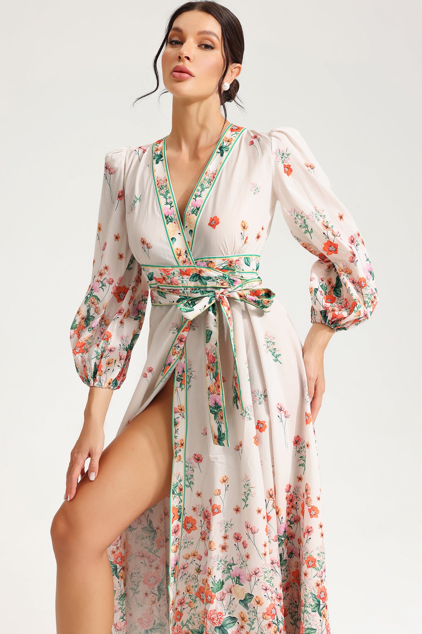 Floral Long Sleeve V-Neck Lace Up Midi Dress White