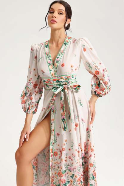 Floral Long Sleeve V-Neck Lace Up Midi Dress White