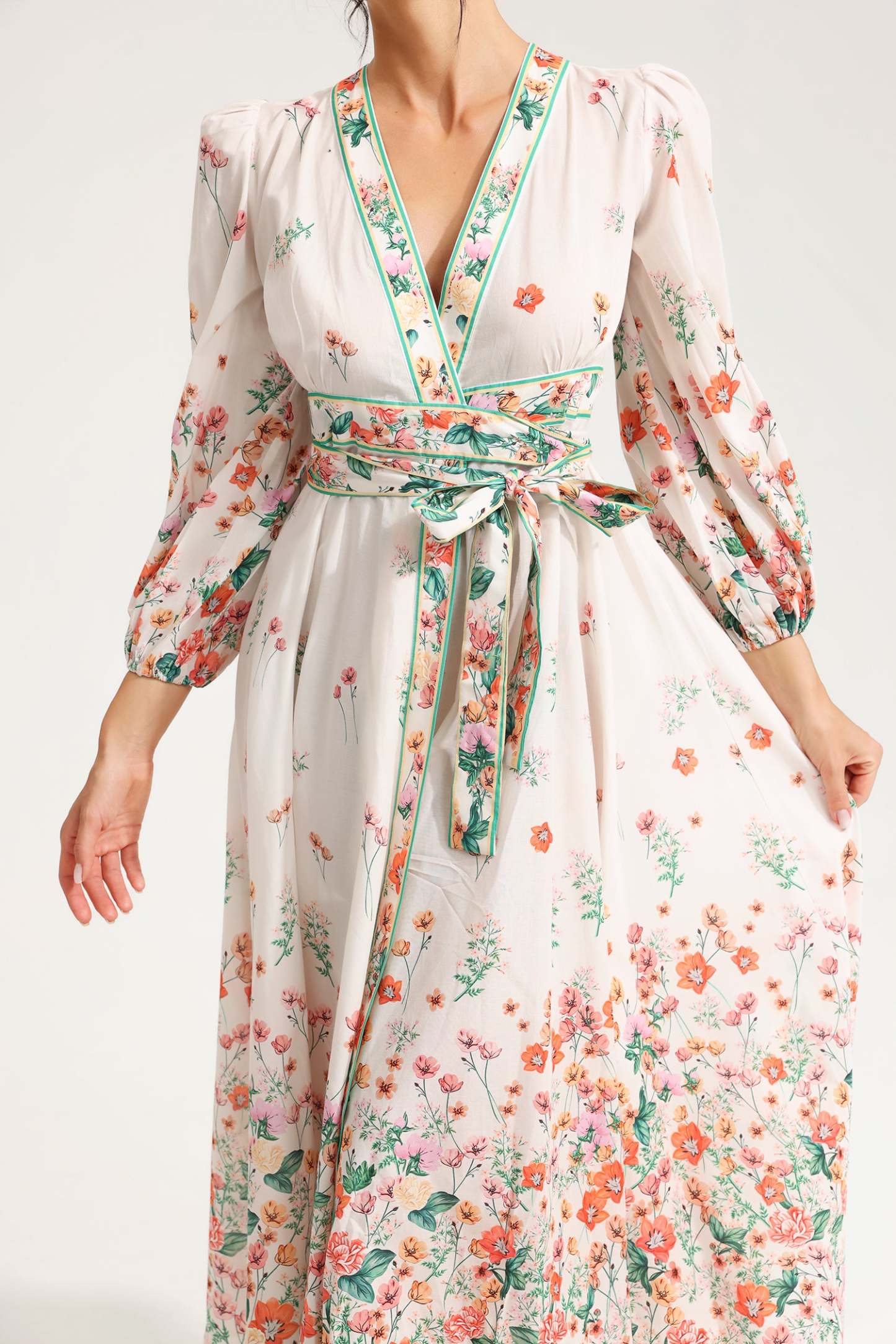 Floral Long Sleeve V-Neck Lace Up Midi Dress White