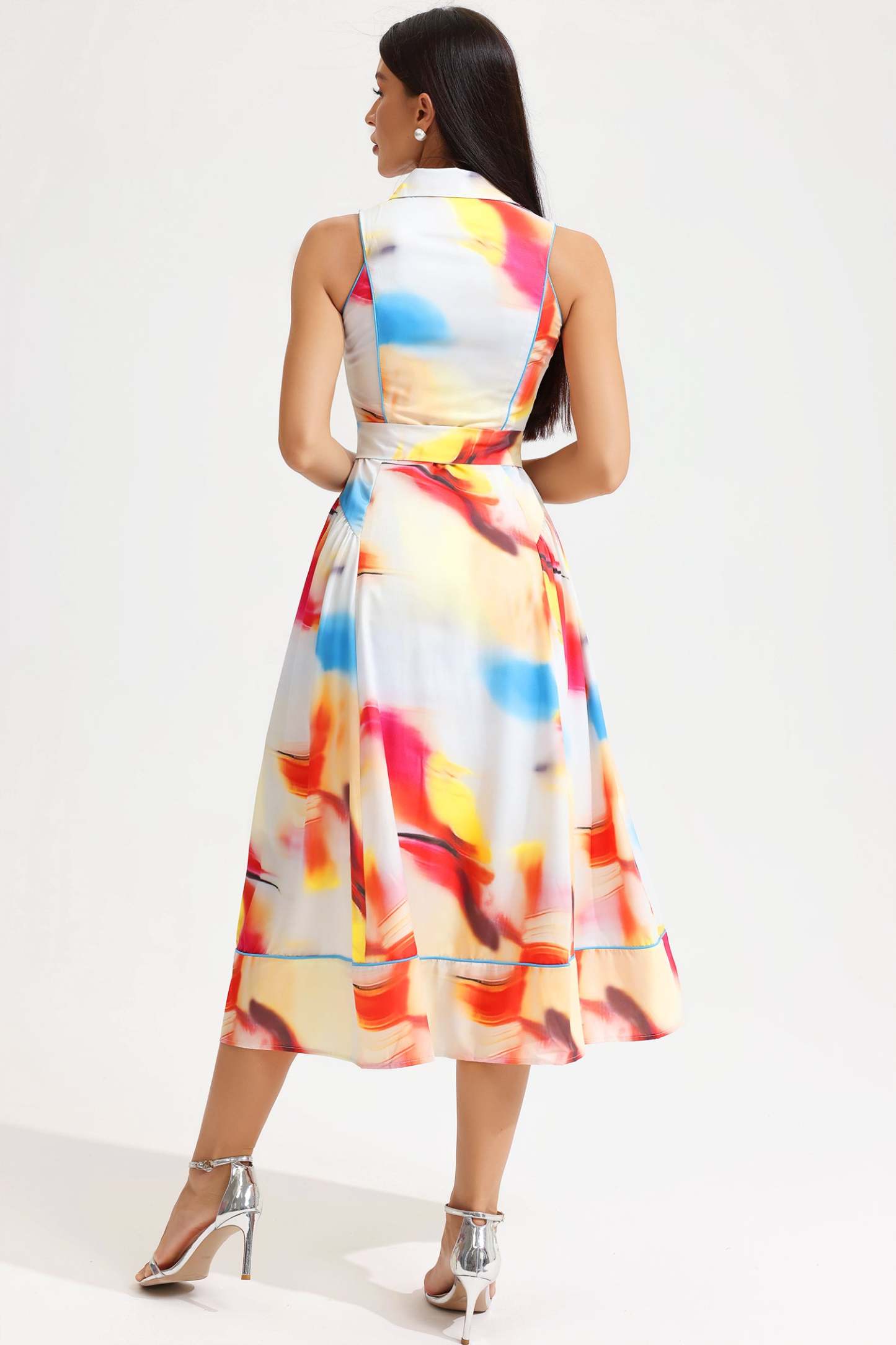 Printed Sleeveless Lapel Lace Up Midi Dress