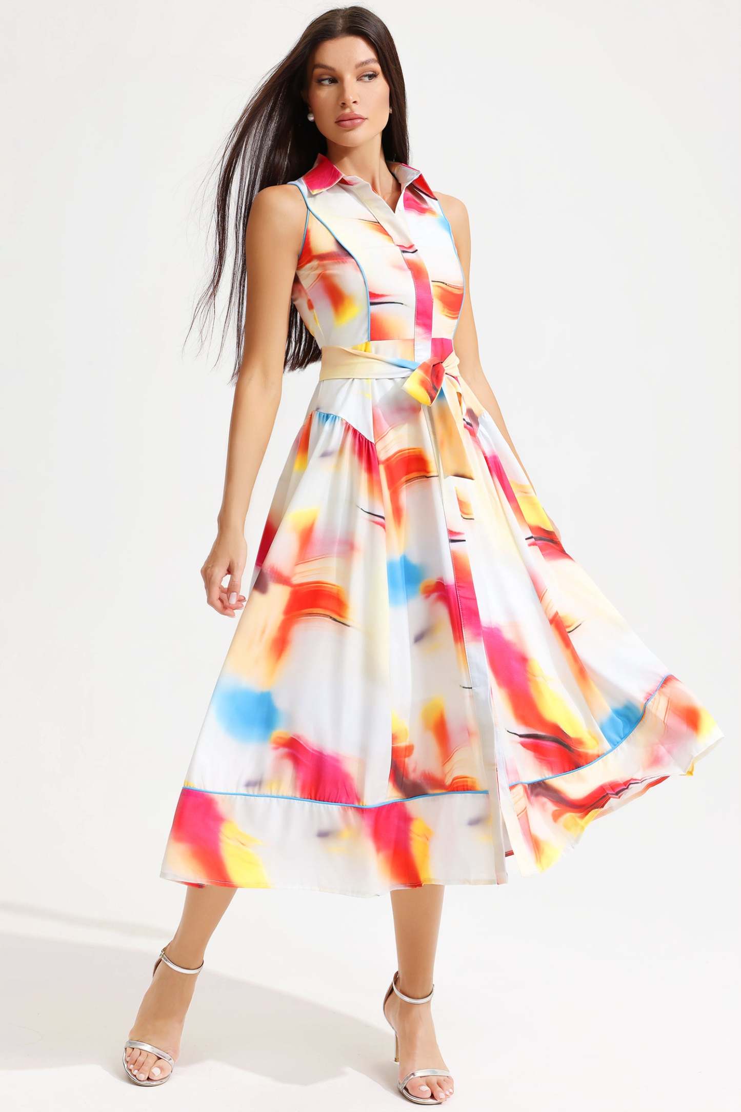 Printed Sleeveless Lapel Lace Up Midi Dress