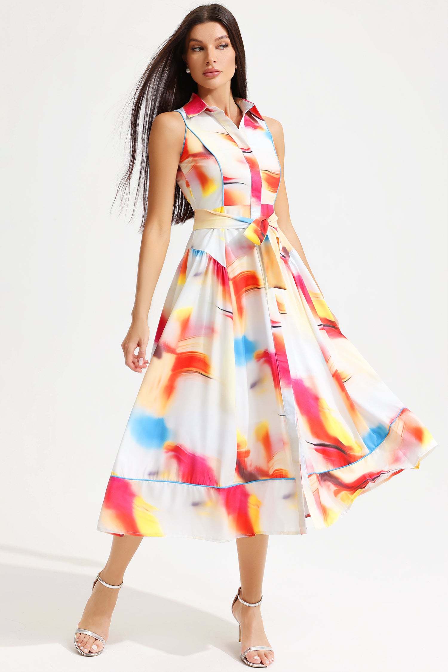 Printed Sleeveless Lapel Lace Up Midi Dress