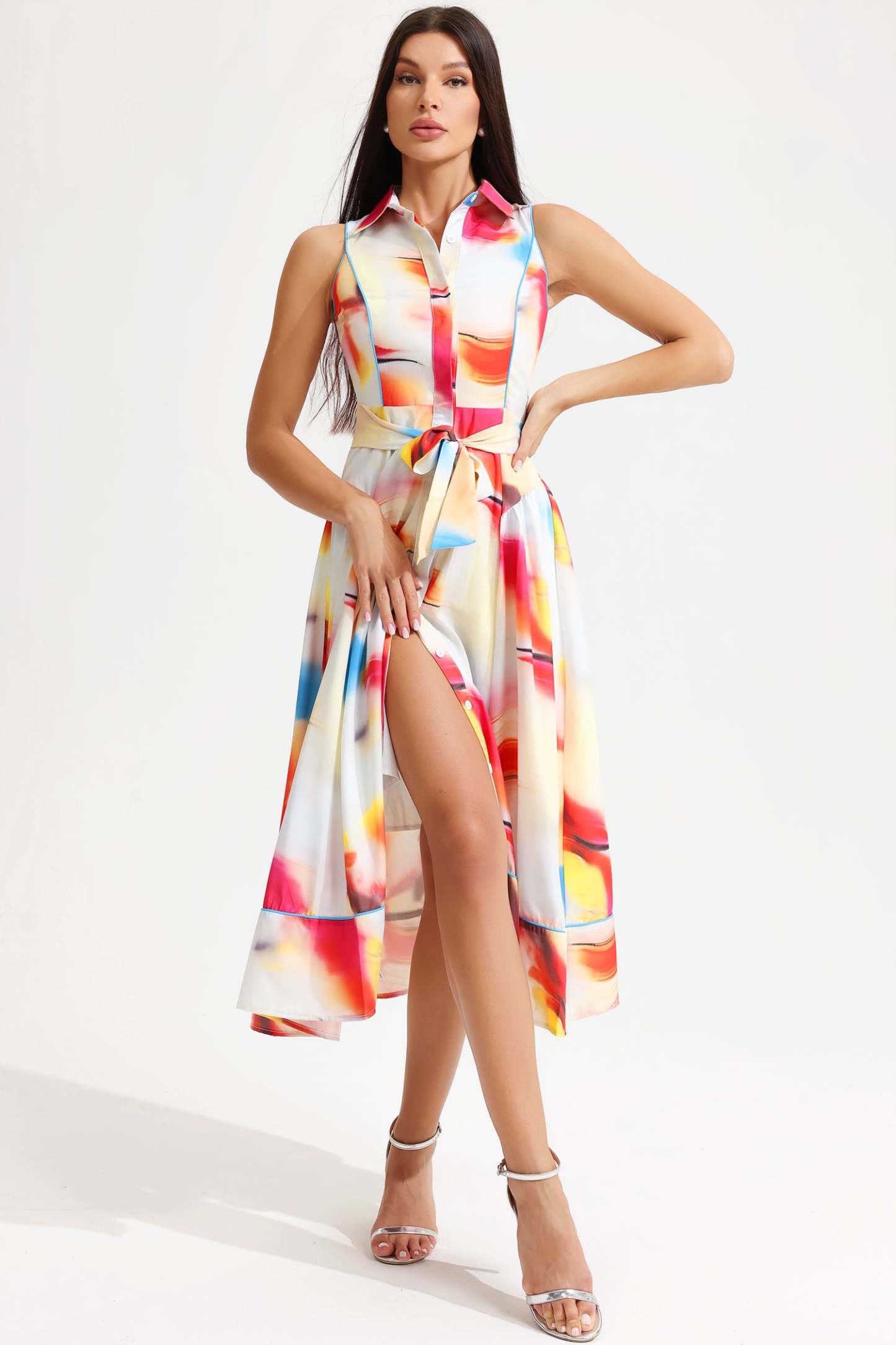 Printed Sleeveless Lapel Lace Up Midi Dress