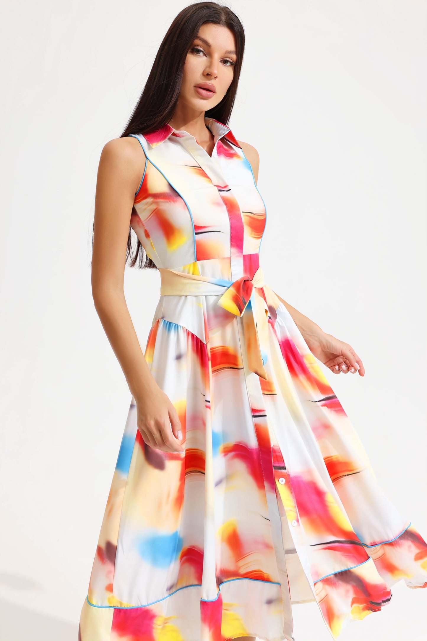 Printed Sleeveless Lapel Lace Up Midi Dress