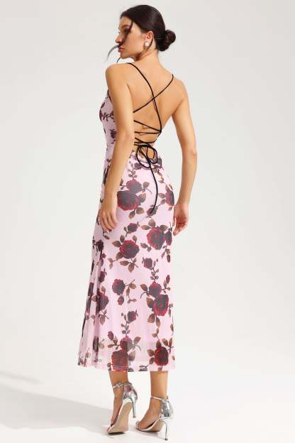 Floral Lace Up Slim Cami Maxi Dress