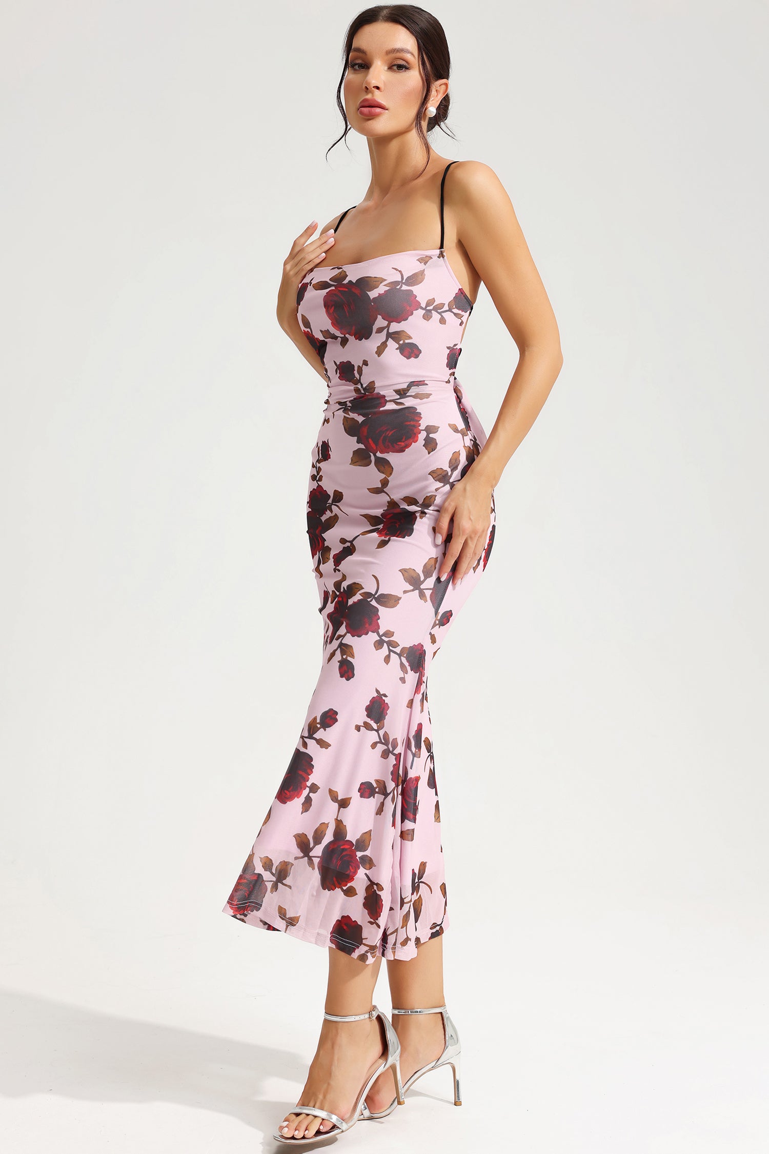 Floral Lace Up Slim Cami Maxi Dress