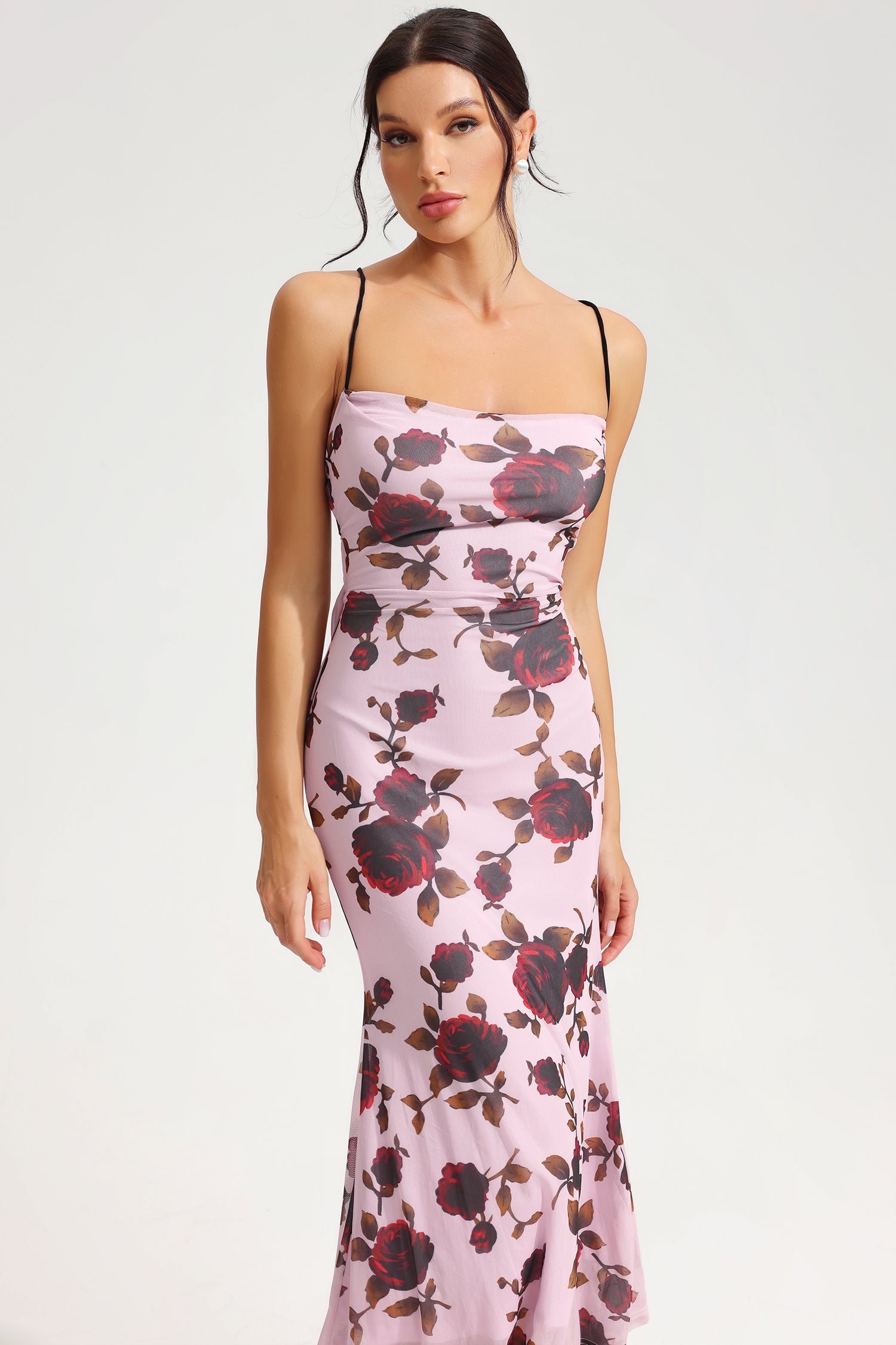 Floral Lace Up Slim Cami Maxi Dress