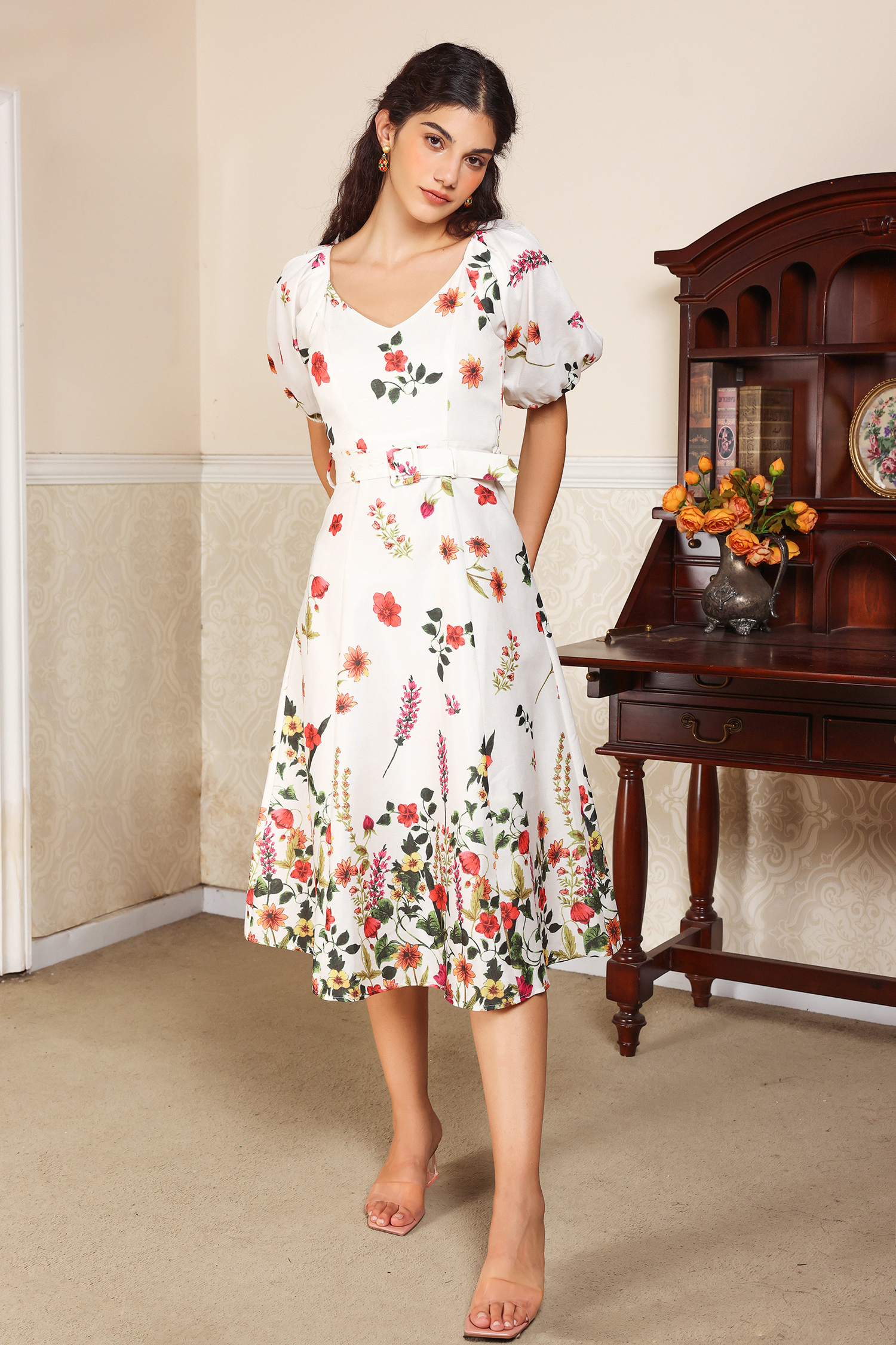 Floral Puff Sleeve V-Neck Belted Midi Dress