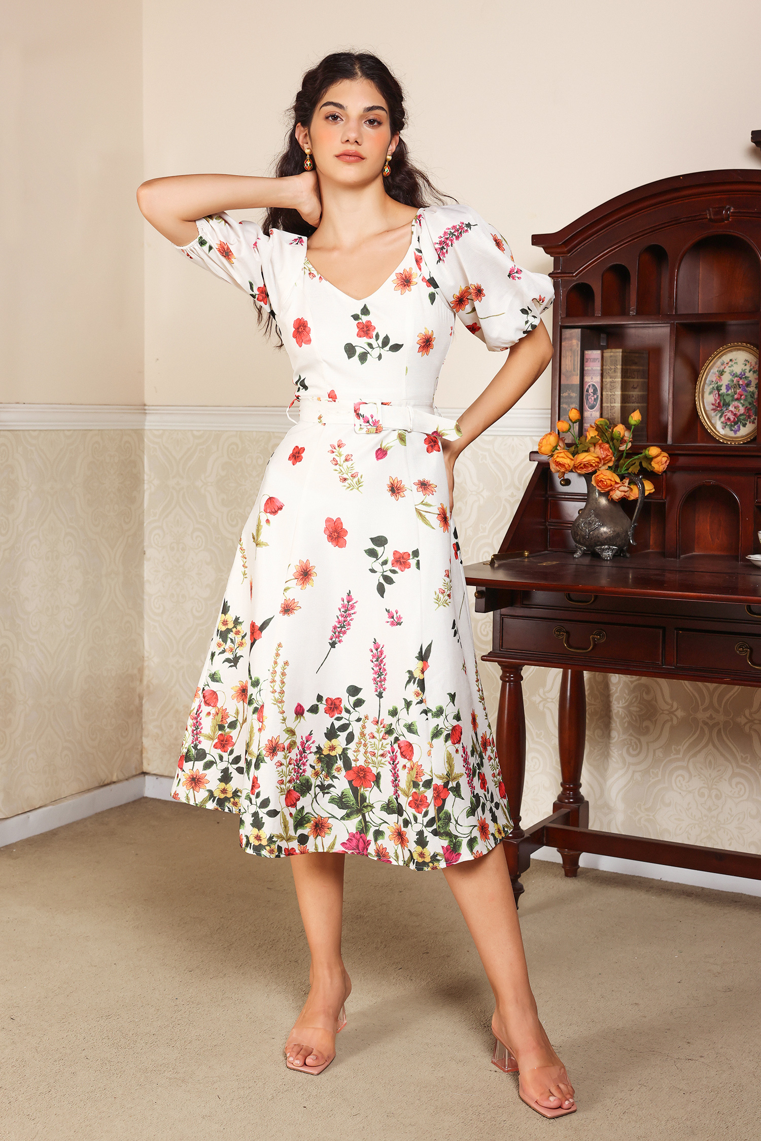 Floral Puff Sleeve V-Neck Belted Midi Dress