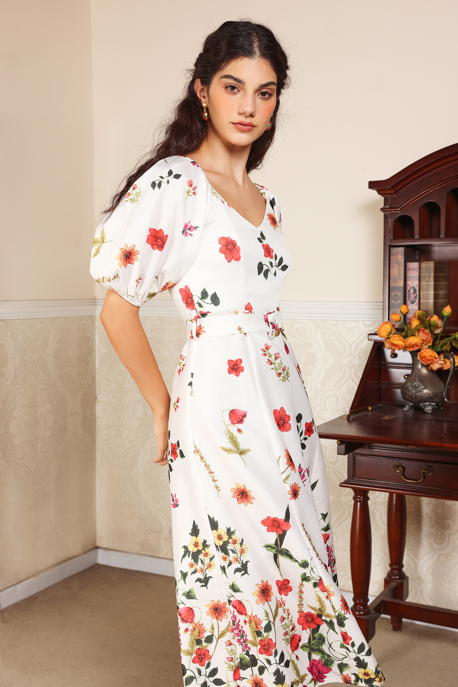 Floral Puff Sleeve V-Neck Belted Midi Dress