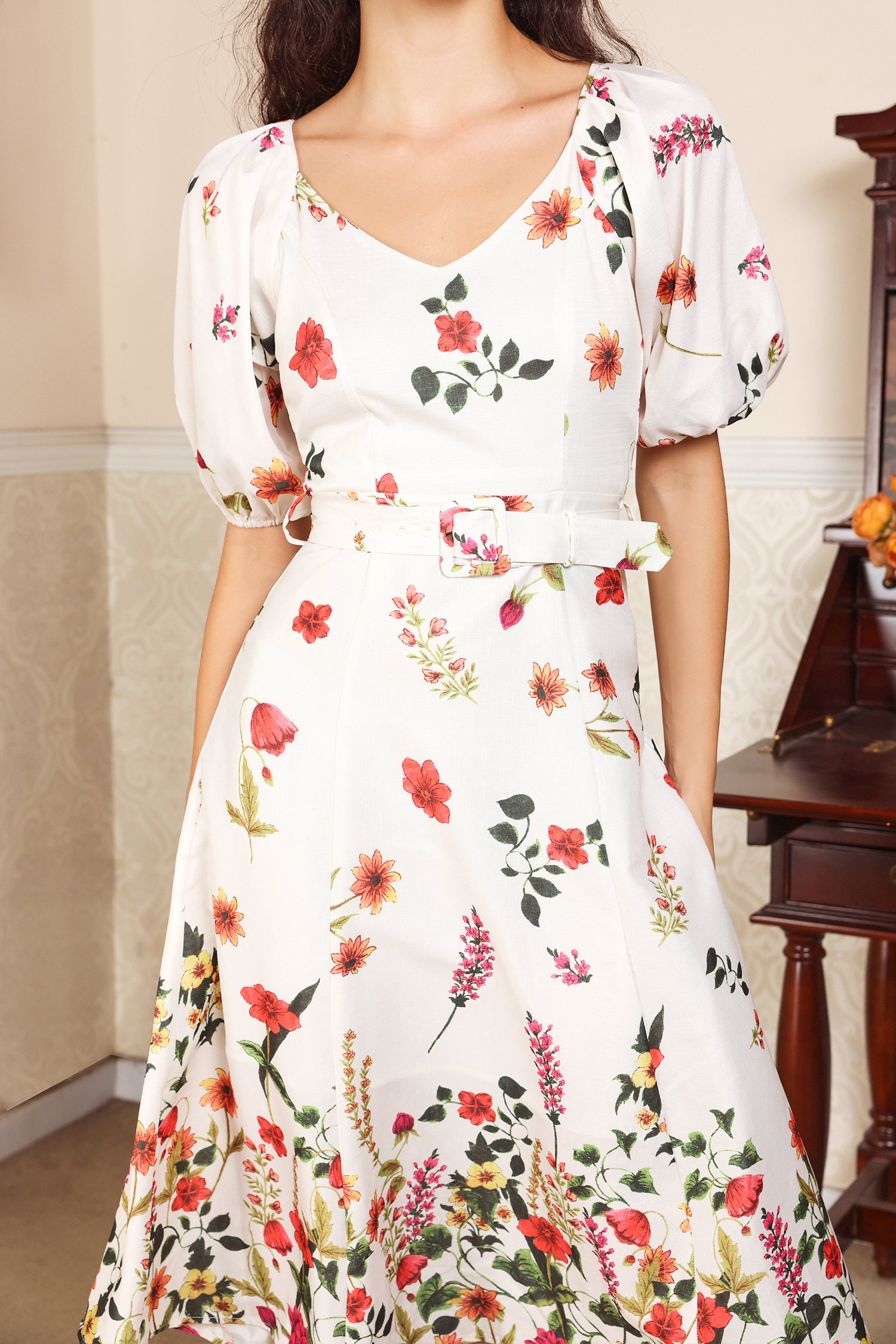 Floral Puff Sleeve V-Neck Belted Midi Dress