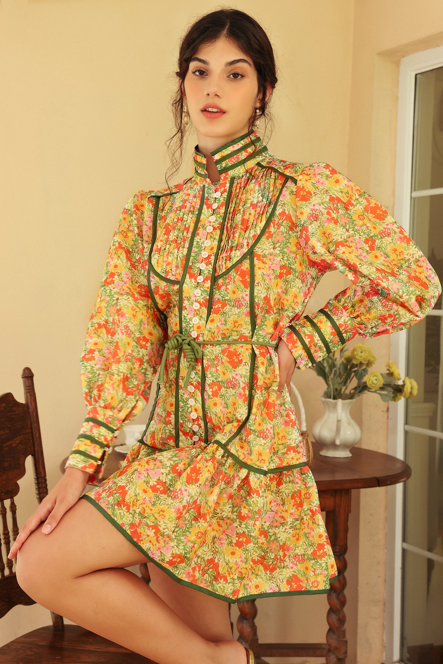 Floral Puff Long Sleeve High Collar Lace Up Ruffle Mini Dress