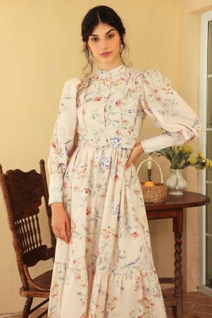 Floral Long Sleeve Crew Collar Belted Midi Dress
