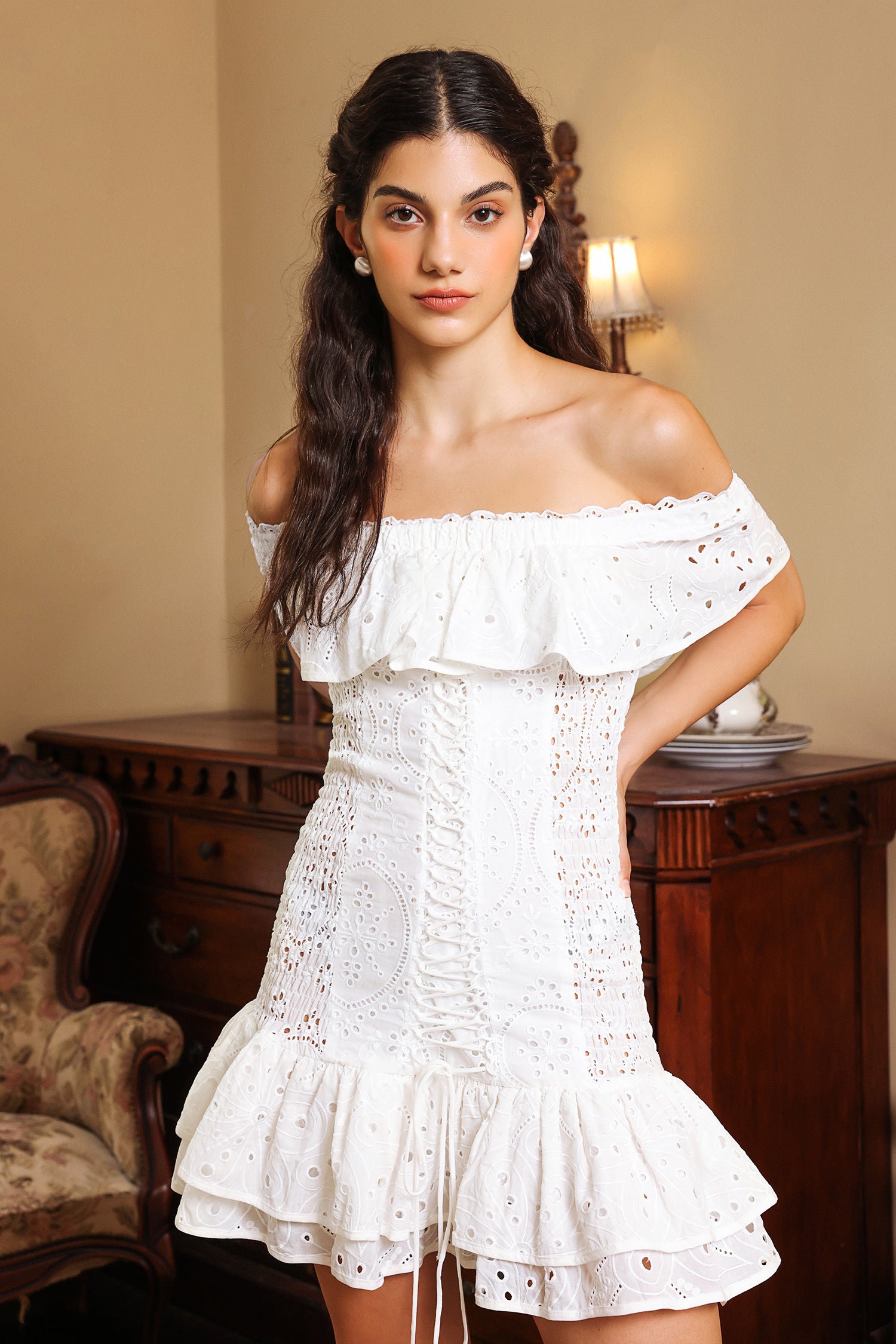 Ruffle Hem Lace Up Mini Dress White