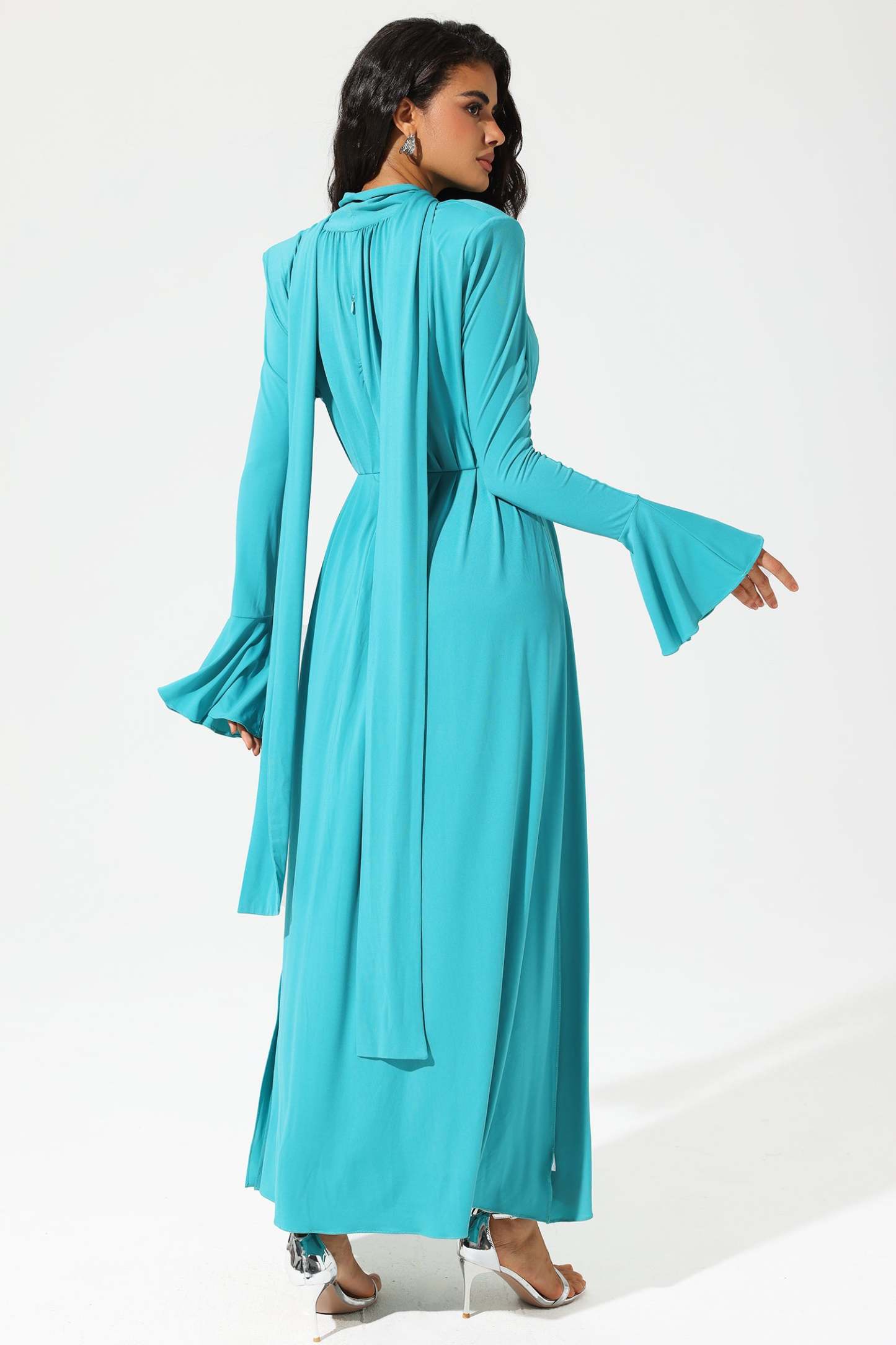 Lantern Sleeve High Collar Flower Slit Midi Dress Blue