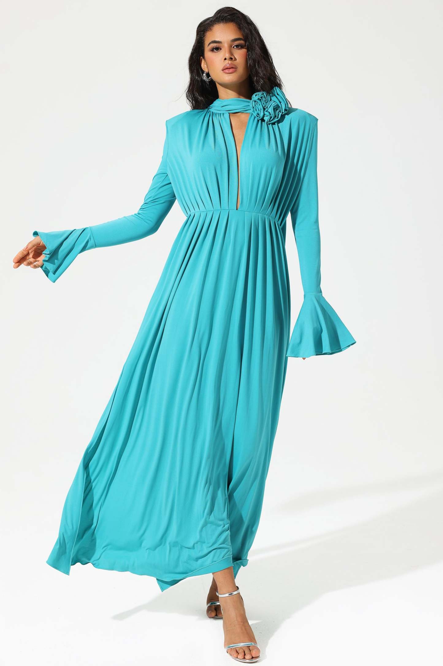 Lantern Sleeve High Collar Flower Slit Midi Dress Blue
