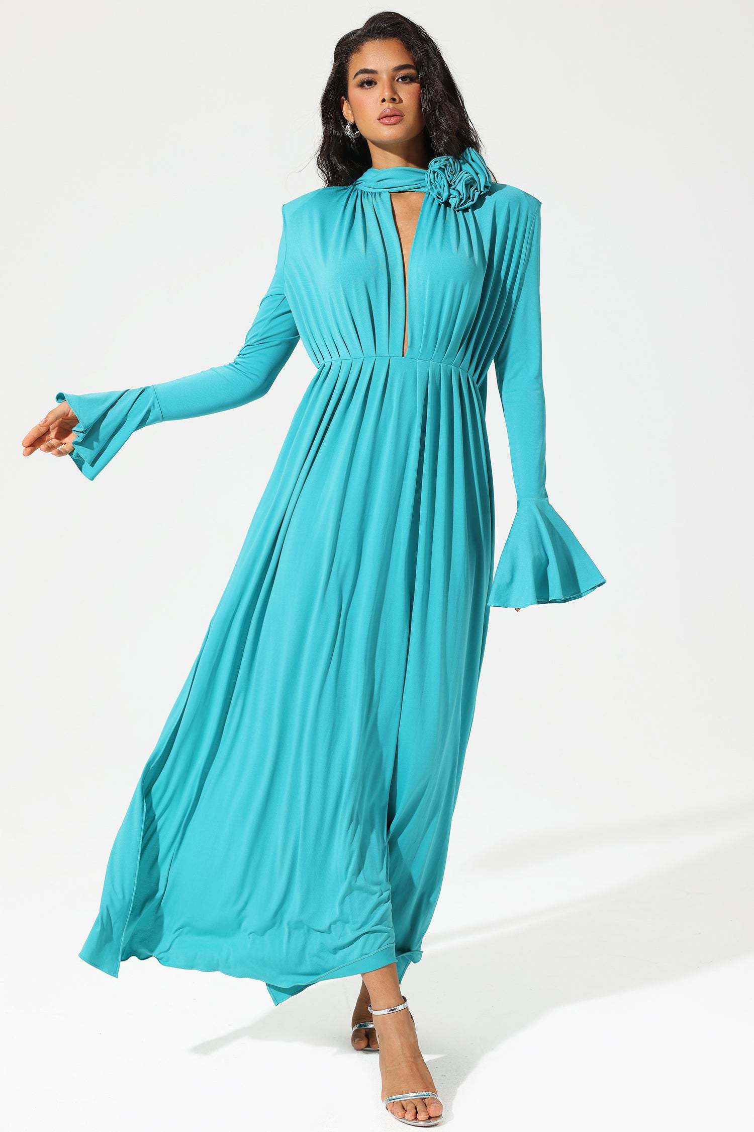 Lantern Sleeve High Collar Flower Slit Midi Dress Blue