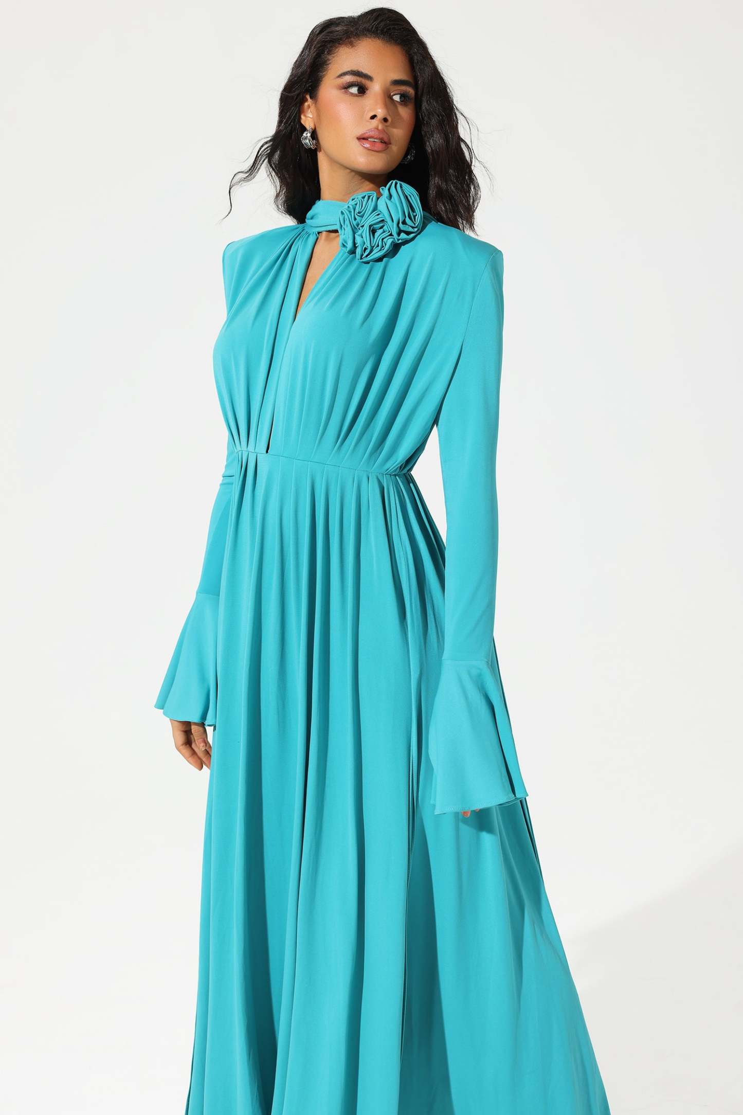 Lantern Sleeve High Collar Flower Slit Midi Dress Blue