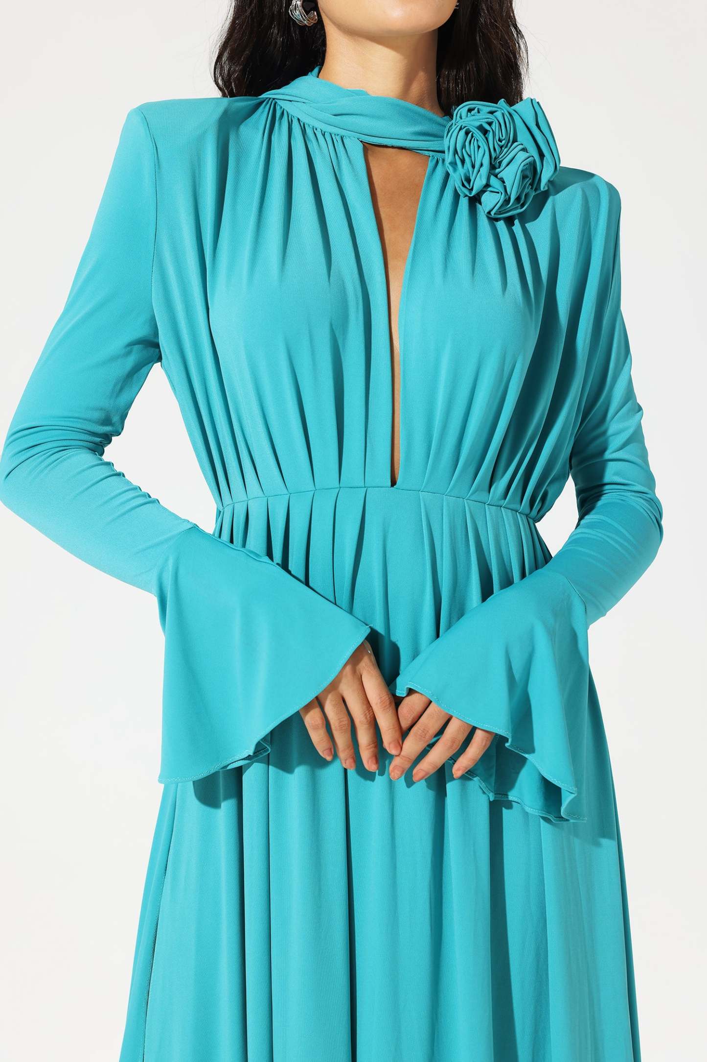 Lantern Sleeve High Collar Flower Slit Midi Dress Blue