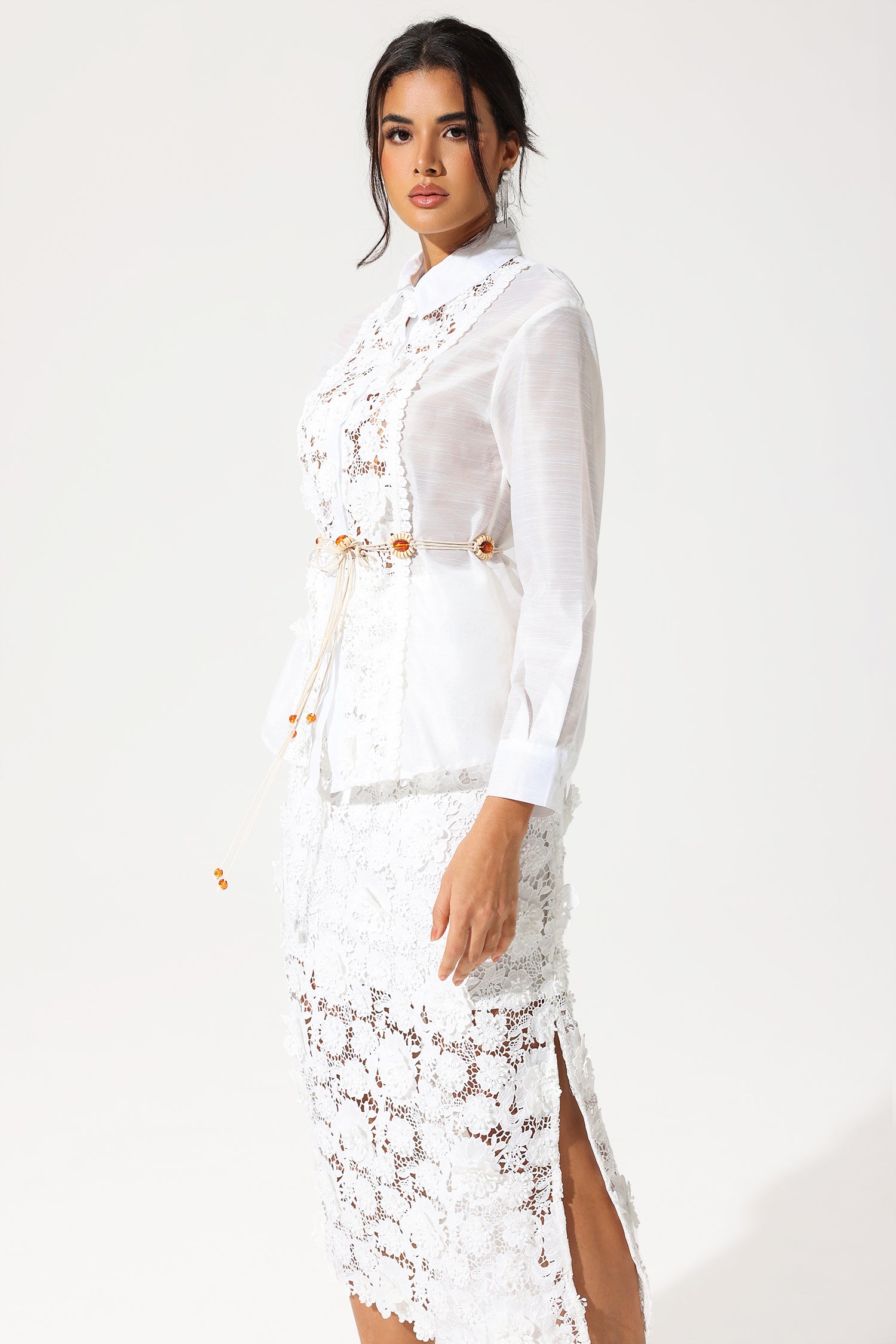 Long Sleeve Lace Cut-Out Slit Dress Suit White