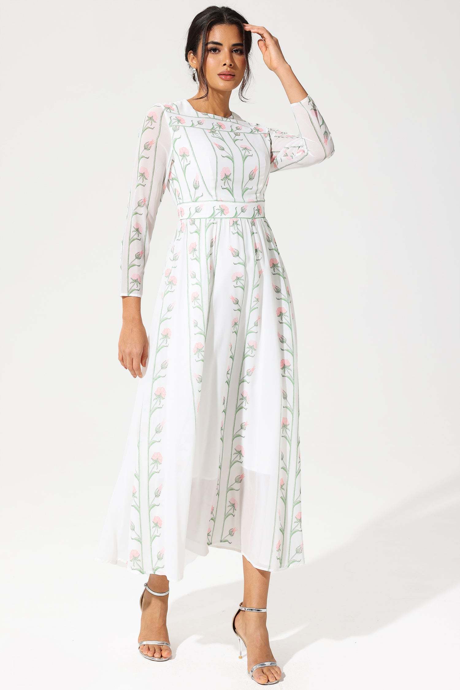 Floral Long Sleeve Crew Collar Silk Georgette Midi Dress