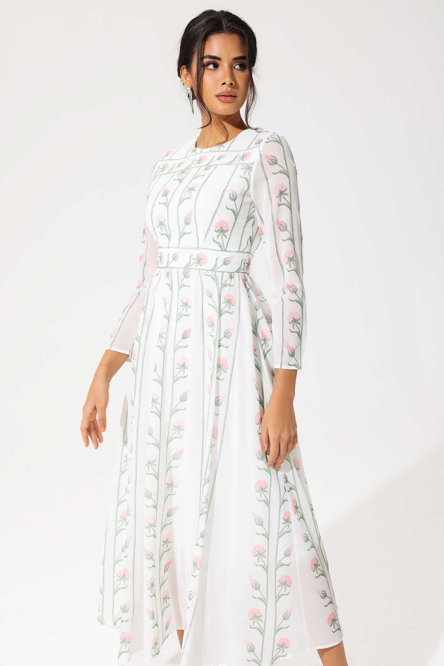 Floral Long Sleeve Crew Collar Silk Georgette Midi Dress