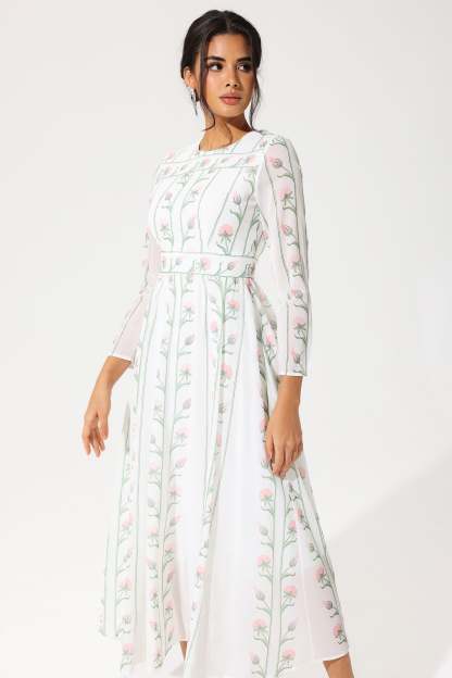 Floral Long Sleeve Crew Collar Silk Georgette Midi Dress
