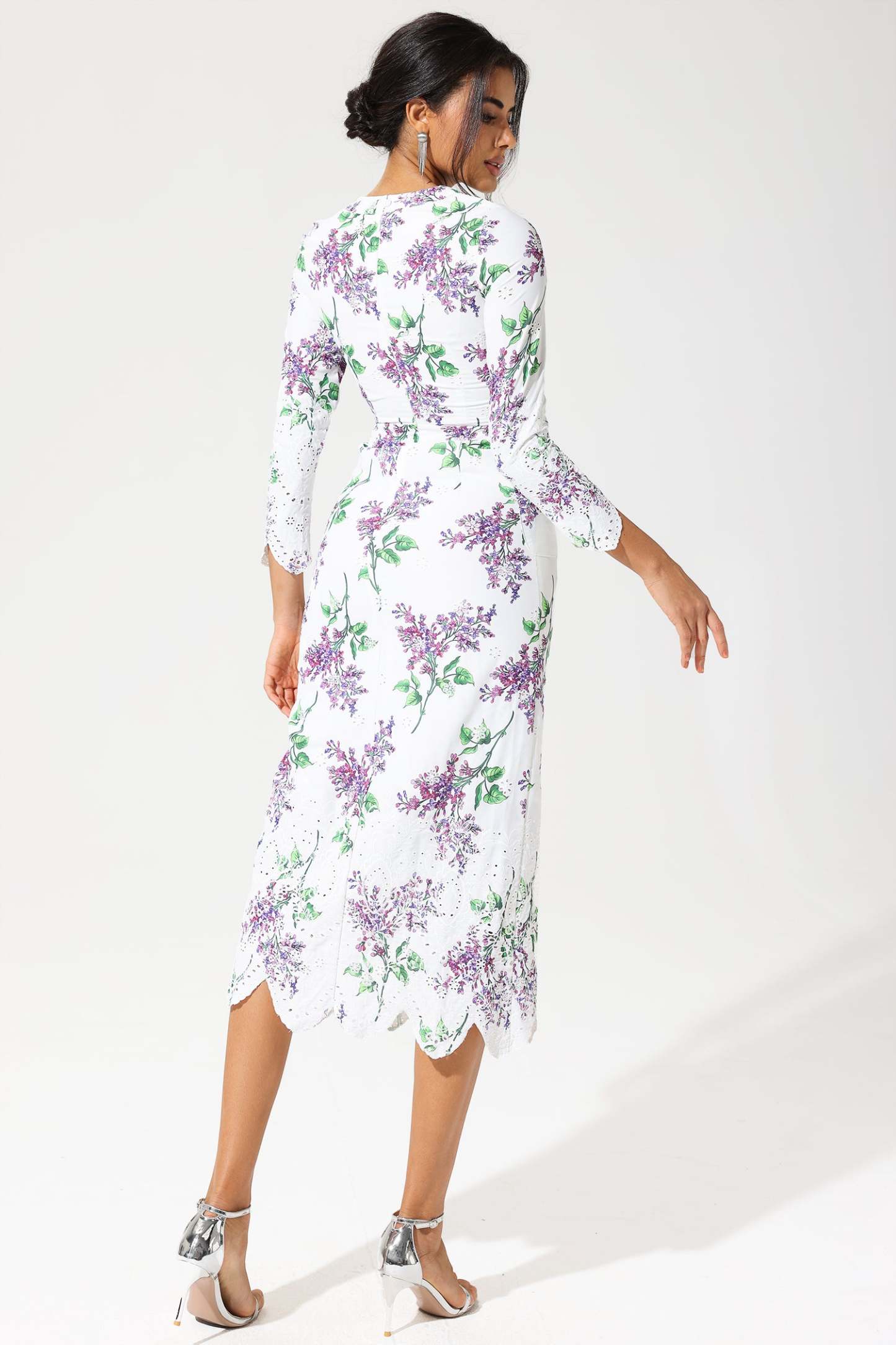 Floral Long Sleeve Crew Collar Broderie Anglaise Maxi Dress