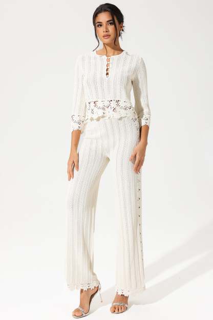 Crew Collar Cut-Out Lace Hem Knit Suit